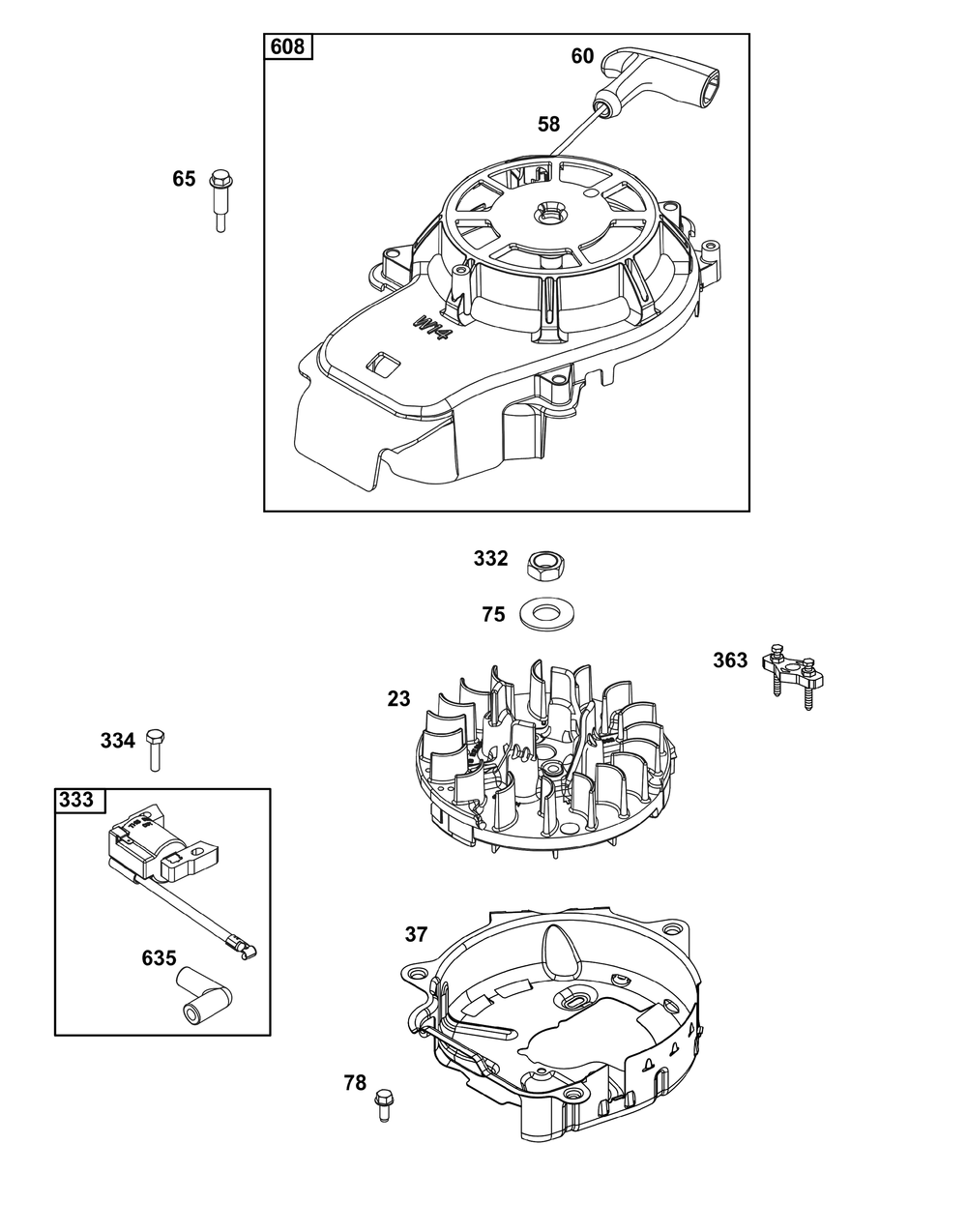 Flywheel, Ignition, And Starter Group Diagram and Parts List for 123P02-0062-H5 100000 - 19Z999 Briggs and Stratton Engine